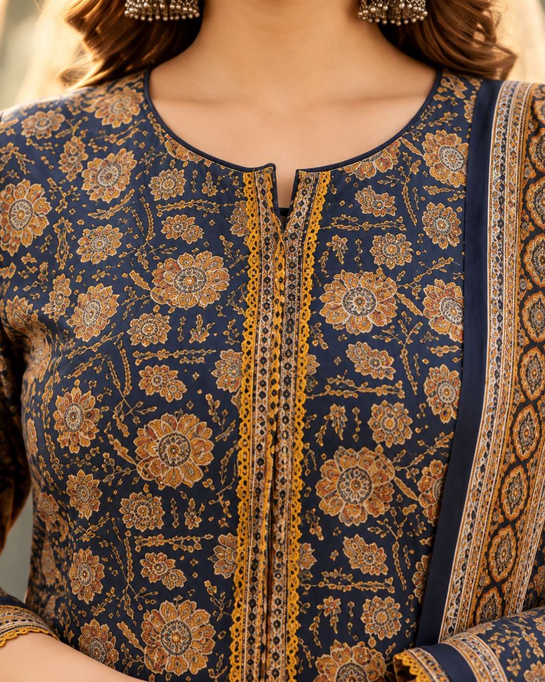 Navy and Mustard Floral Handblock Sangneri Cotton Kurta Set With Lightweight Dupatta