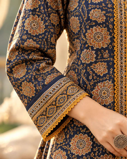 Navy and Mustard Floral Handblock Sangneri Cotton Kurta Set With Lightweight Dupatta