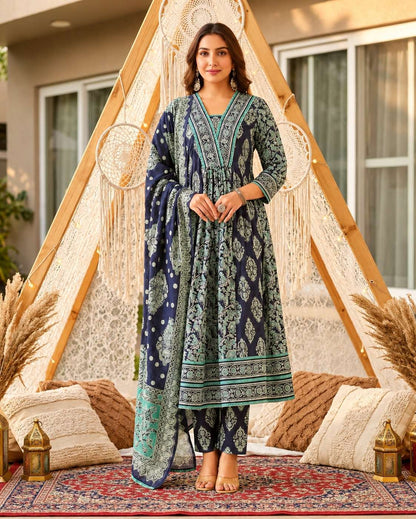 Navy Blue Sangneri Print Cotton Lawn Suit Set With a Coordinated Dupatta