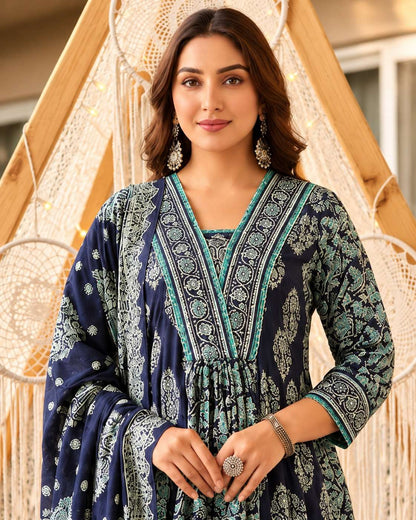 Navy Blue Sangneri Print Cotton Lawn Suit Set With a Coordinated Dupatta