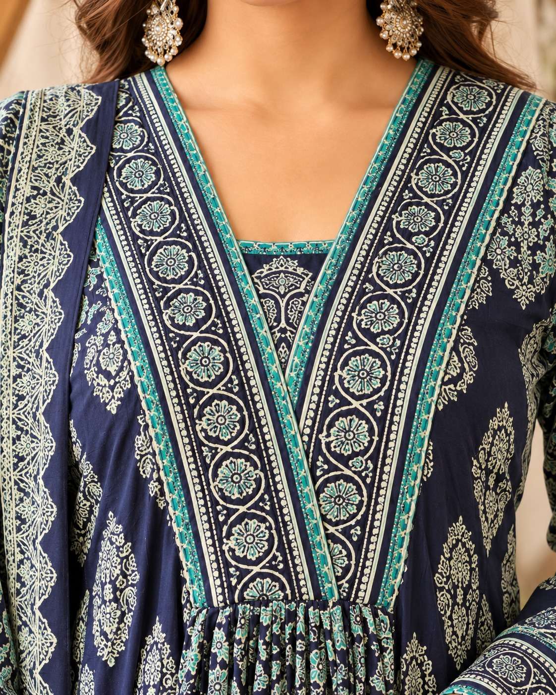 Navy Blue Sangneri Print Cotton Lawn Suit Set With a Coordinated Dupatta
