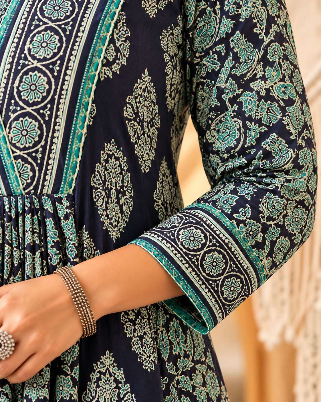 Navy Blue Sangneri Print Cotton Lawn Suit Set With a Coordinated Dupatta