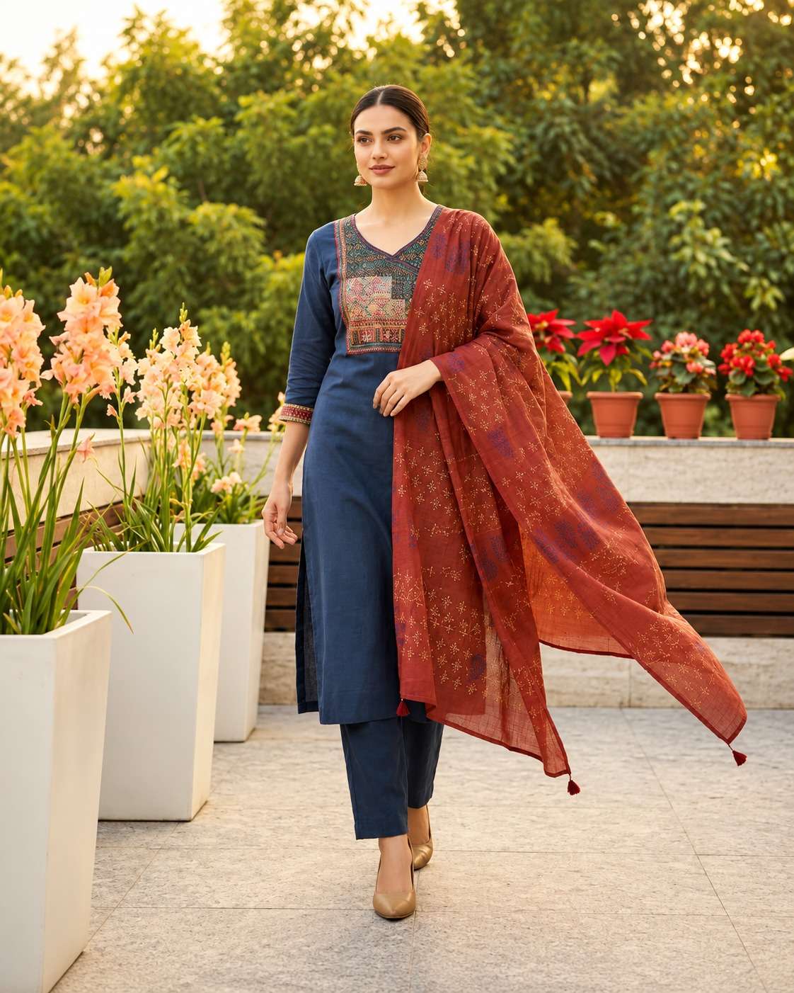 Navy Blue Cotton Katha Kurta With Applique Yoke And Trousers Paired With Bagru Print Dupatta