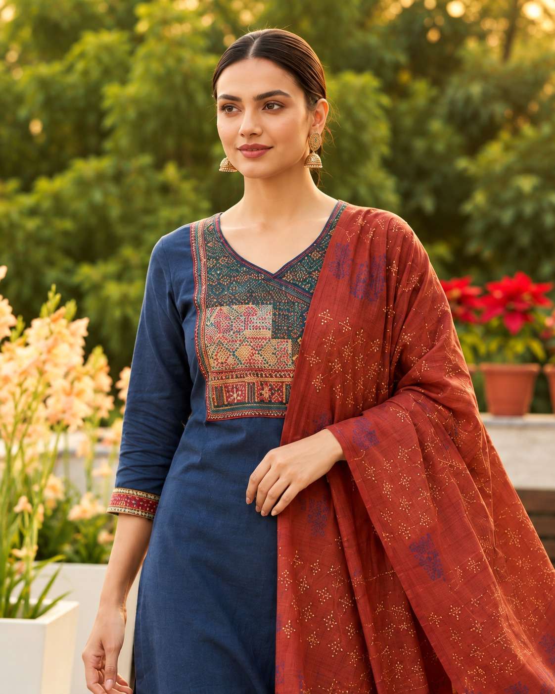 Navy Blue Cotton Katha Kurta With Applique Yoke And Trousers Paired With Bagru Print Dupatta