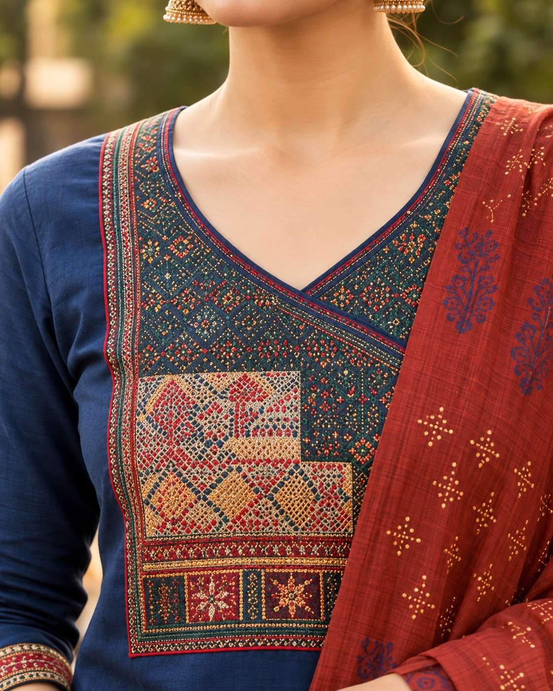 Navy Blue Cotton Katha Kurta With Applique Yoke And Trousers Paired With Bagru Print Dupatta