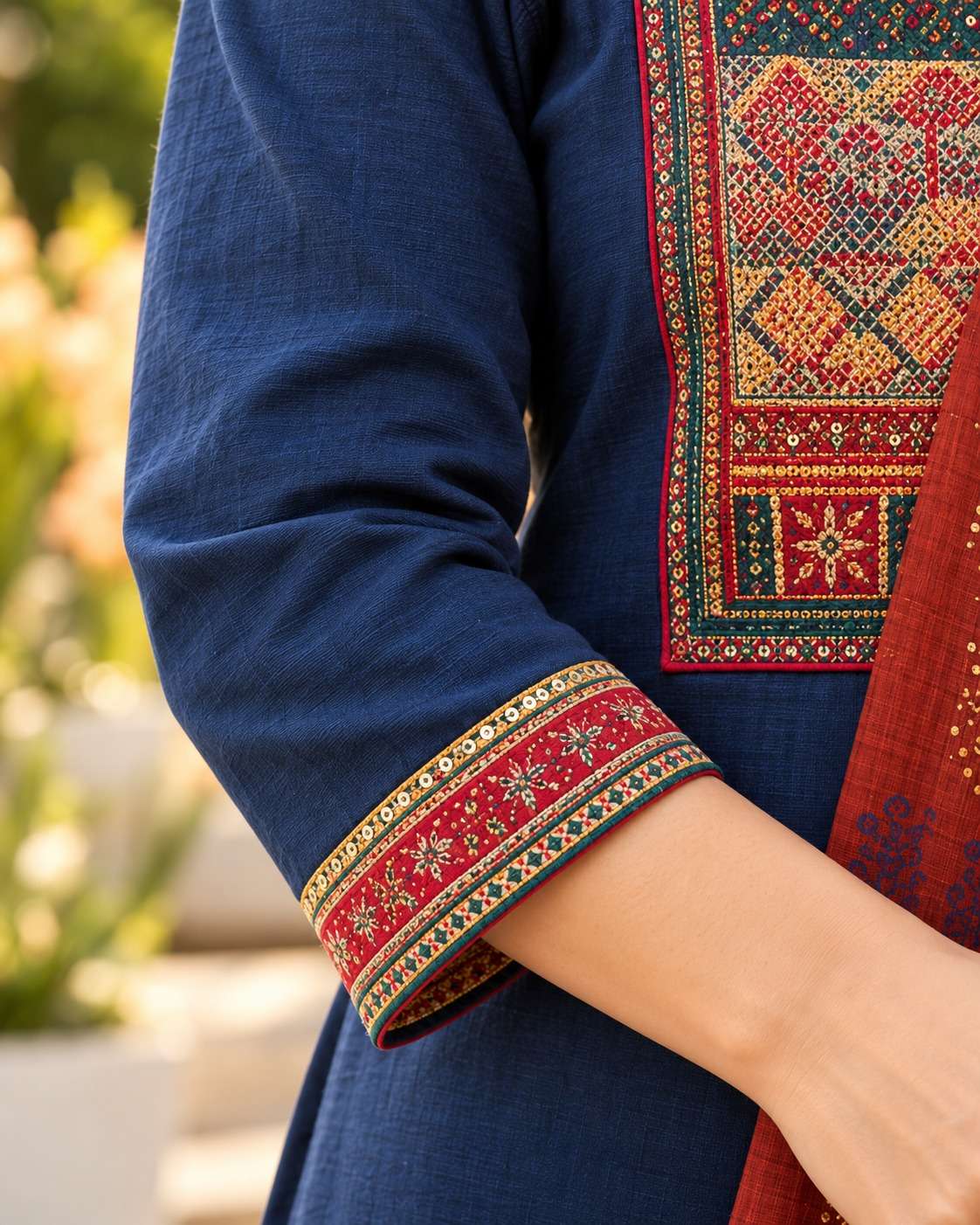 Navy Blue Cotton Katha Kurta With Applique Yoke And Trousers Paired With Bagru Print Dupatta