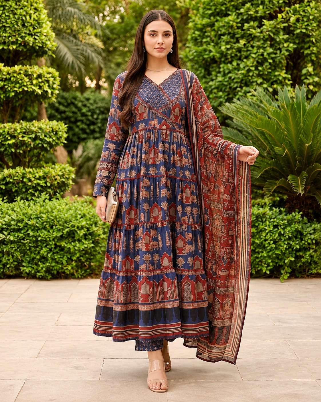 Indigo Blue & Rust Red Anarkali Ajrakh Cotton Kurta Set Paired With Dupatta