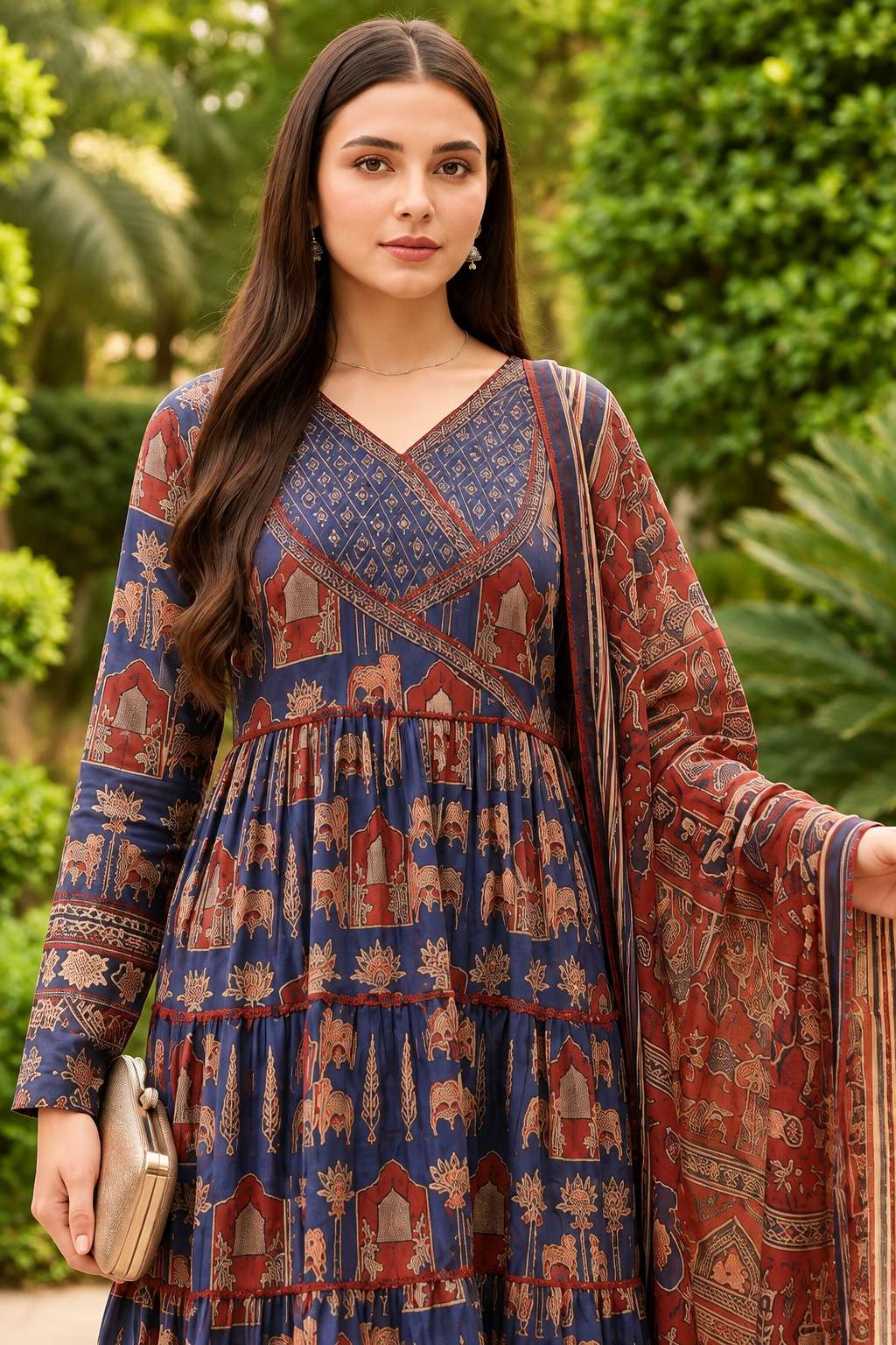Indigo Blue & Rust Red Anarkali Ajrakh Cotton Kurta Set Paired With Dupatta