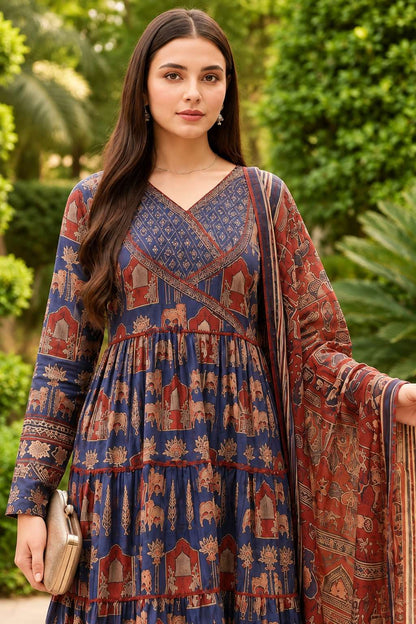Indigo Blue & Rust Red Anarkali Ajrakh Cotton Kurta Set Paired With Dupatta