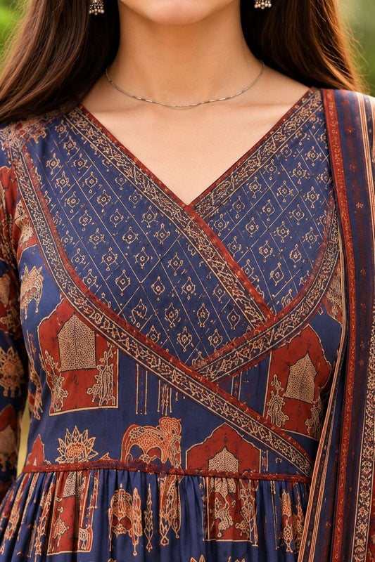 Indigo Blue & Rust Red Anarkali Ajrakh Cotton Kurta Set Paired With Dupatta