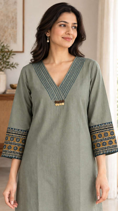 Grey Embroidered Cotton Blend Kurta Pant Set