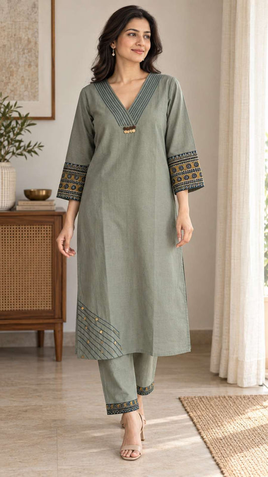 Grey Embroidered Cotton Blend Kurta Pant Set