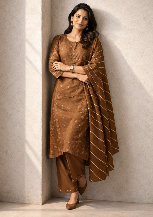 Chocolate brown silk kurta set with striped dupatta