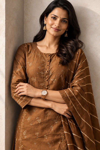 Chocolate brown silk kurta set with striped dupatta