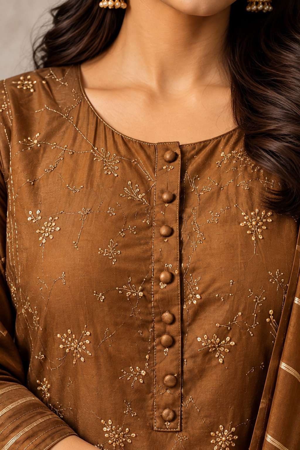 Chocolate brown silk kurta set with striped dupatta