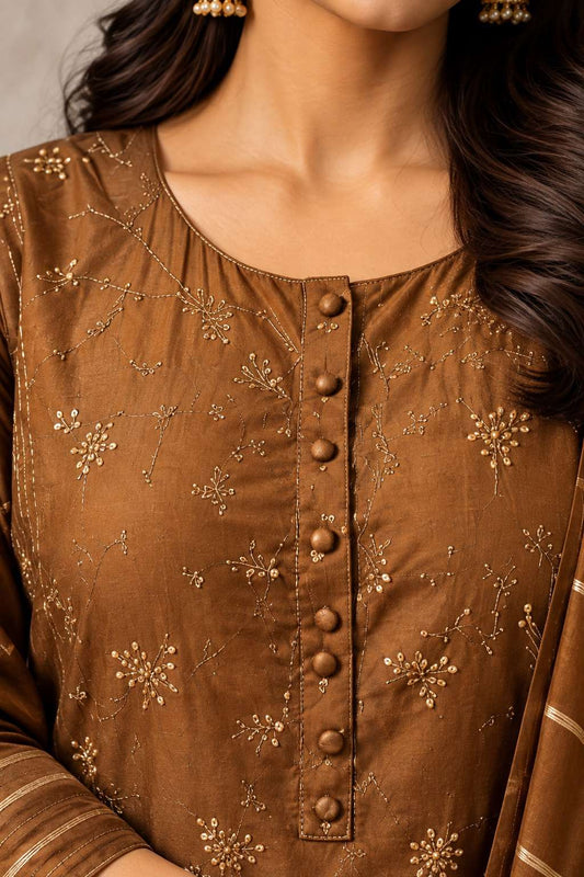 Chocolate brown silk kurta set with striped dupatta