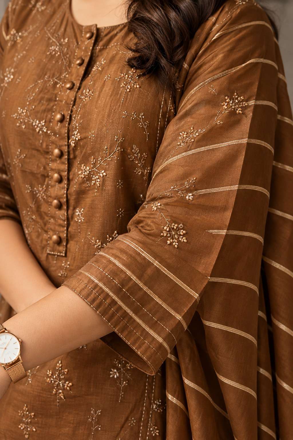 Chocolate brown silk kurta set with striped dupatta