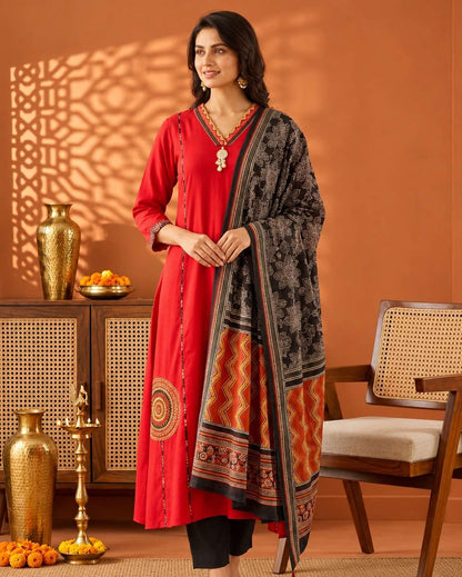 Vibrant Red Cotton Kurta Set And Dupatta With Intricate Embroidery And Mirror Work On The Yoke And Applique Pocket