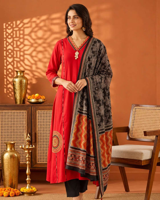 Vibrant Red Cotton Kurta Set And Dupatta With Intricate Embroidery And Mirror Work On The Yoke And Applique Pocket