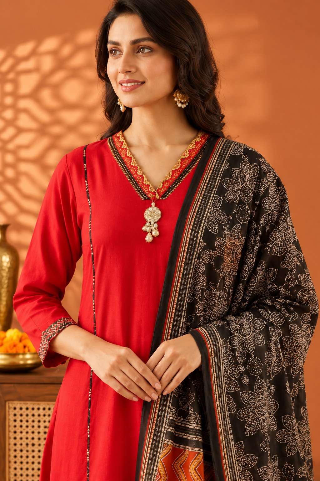 Vibrant Red Cotton Kurta Set And Dupatta With Intricate Embroidery And Mirror Work On The Yoke And Applique Pocket