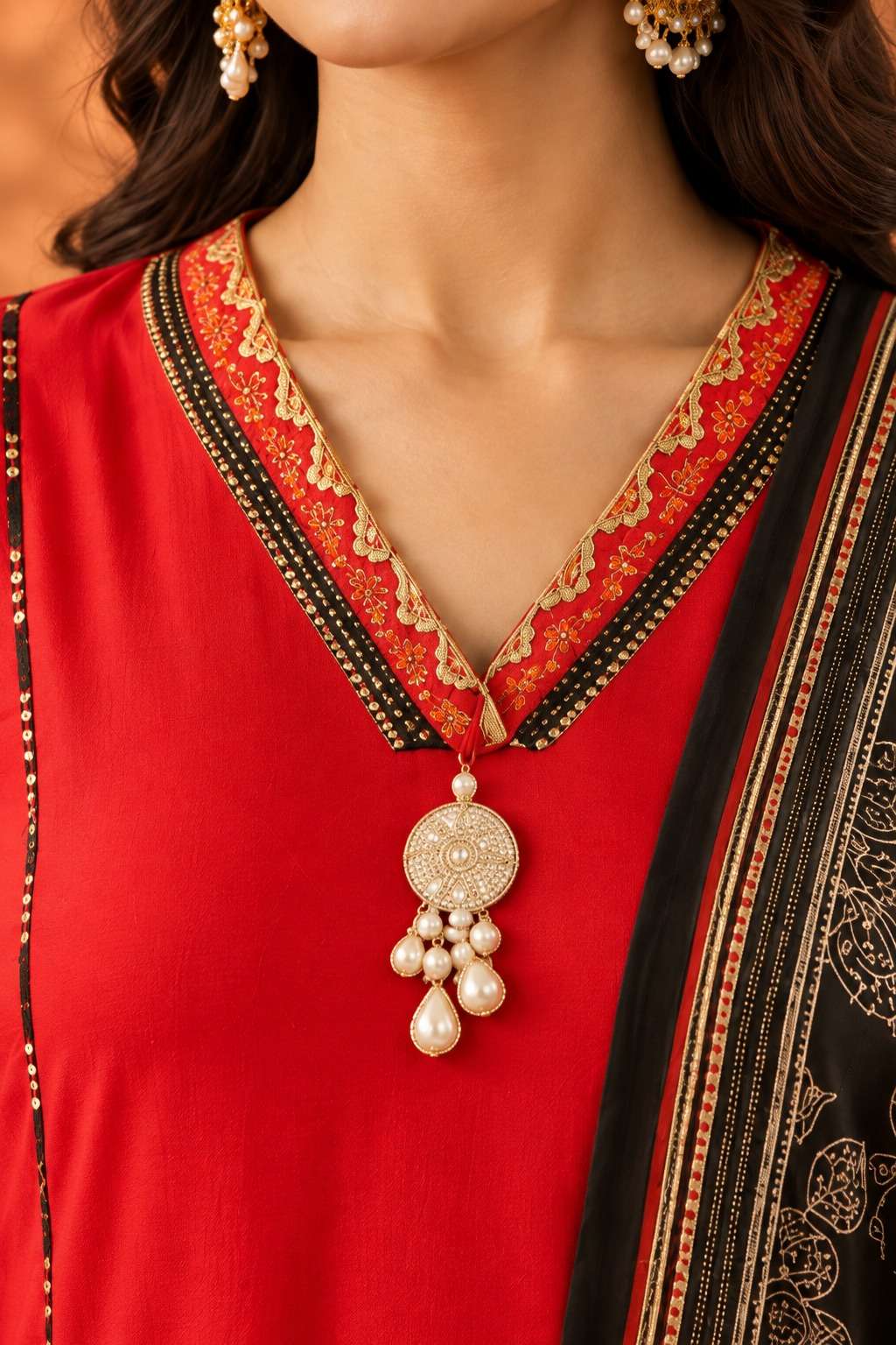Vibrant Red Cotton Kurta Set And Dupatta With Intricate Embroidery And Mirror Work On The Yoke And Applique Pocket