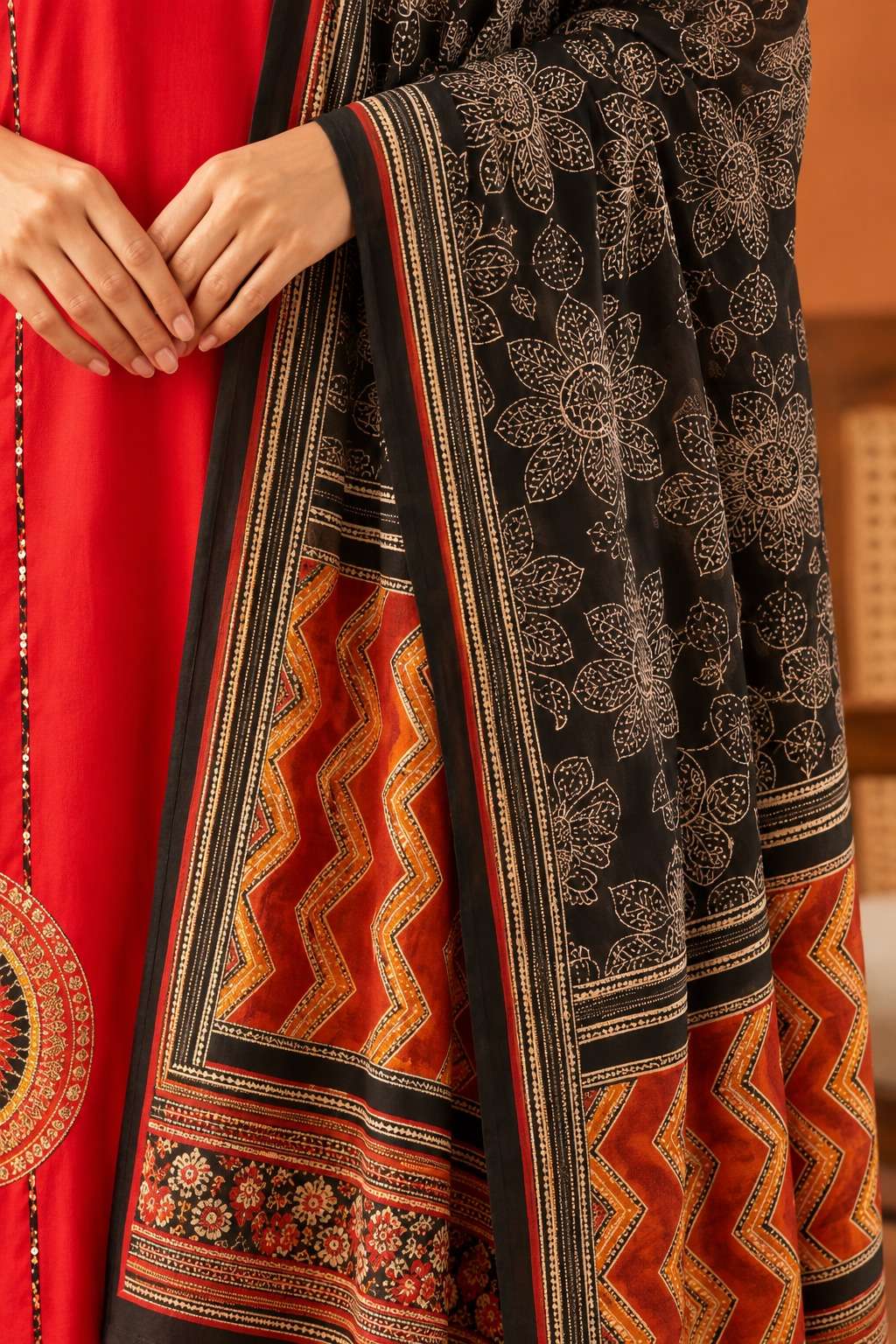 Vibrant Red Cotton Kurta Set And Dupatta With Intricate Embroidery And Mirror Work On The Yoke And Applique Pocket