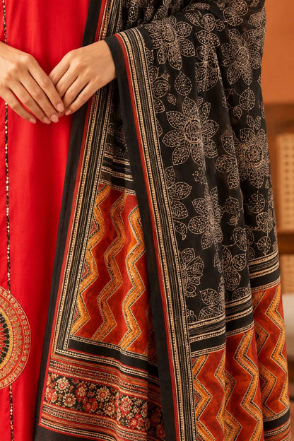 Vibrant Red Cotton Kurta Set And Dupatta With Intricate Embroidery And Mirror Work On The Yoke And Applique Pocket