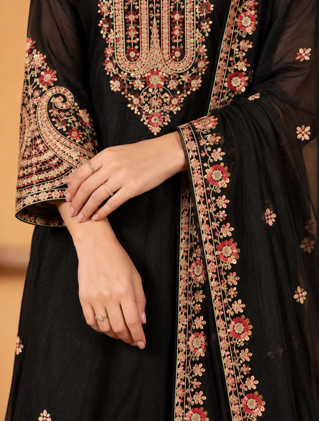 Black Embroidered Chinon Kurta Gharara and Dupatta Set