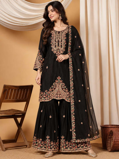 Black Embroidered Chinon Kurta Gharara and Dupatta Set