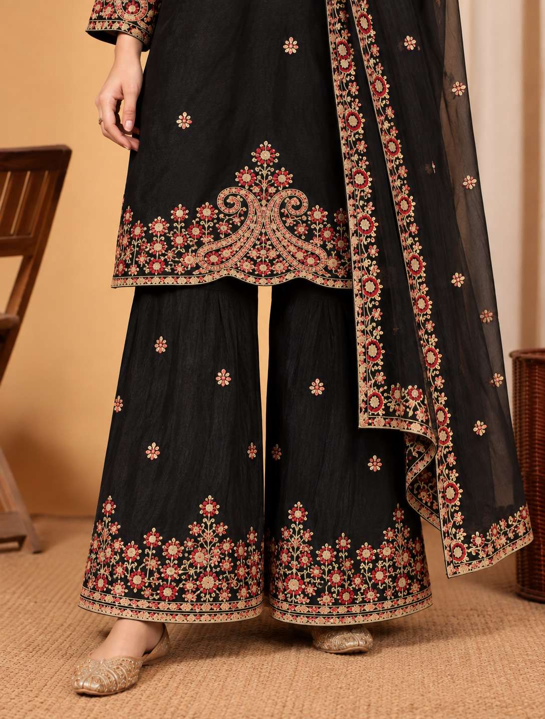 Black Embroidered Chinon Kurta Gharara and Dupatta Set