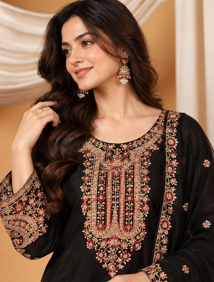 Black Embroidered Chinon Kurta Gharara and Dupatta Set