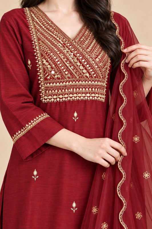 Wine Embroidered Dola Silk Straight Kurta and Pant with Dupatta