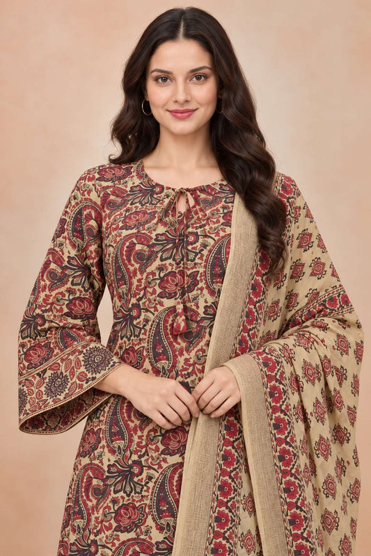 Ivory and Purple Printed Cotton Kurta Pant and Dupatta