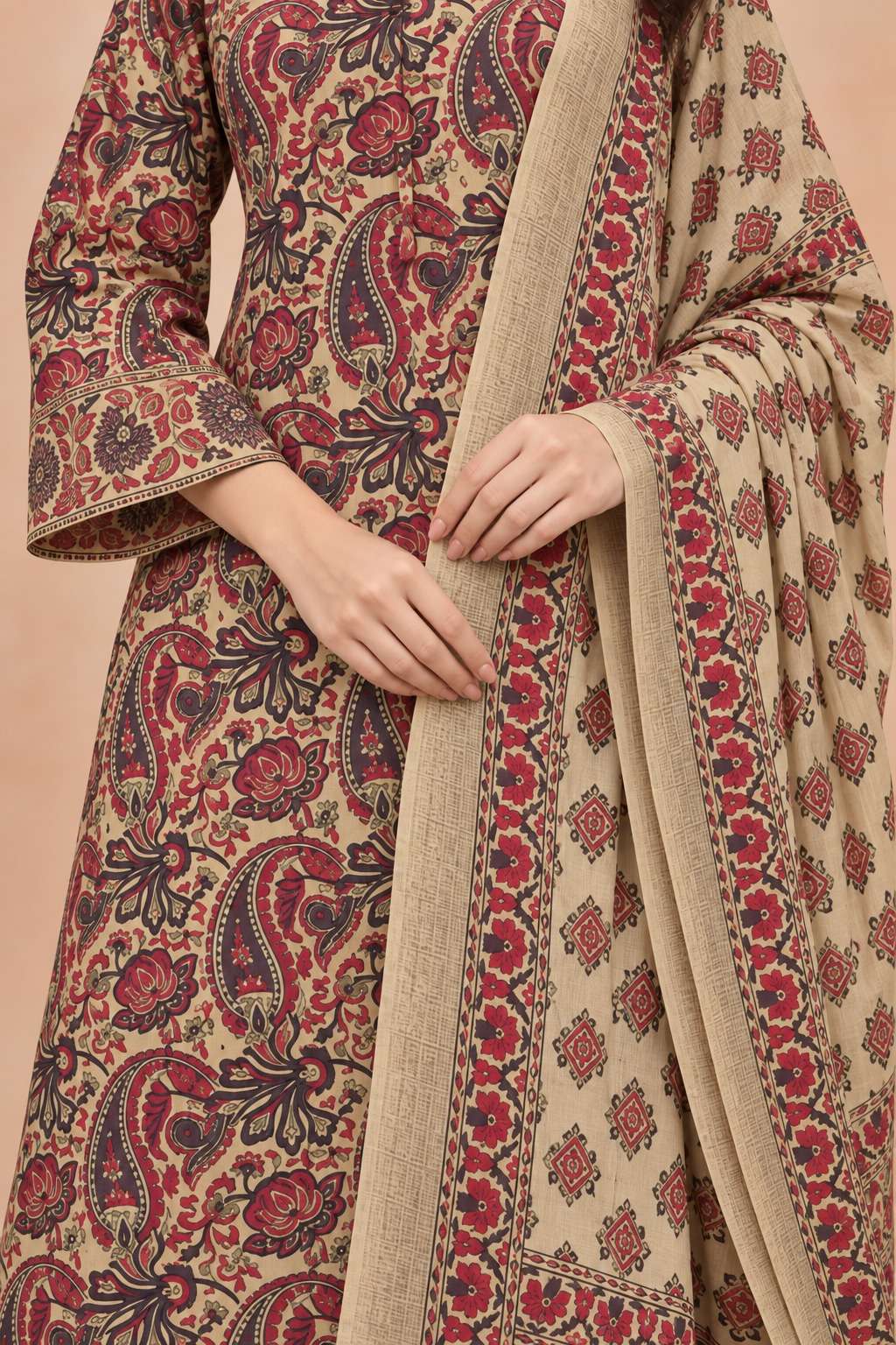 Ivory and Purple Printed Cotton Kurta Pant and Dupatta