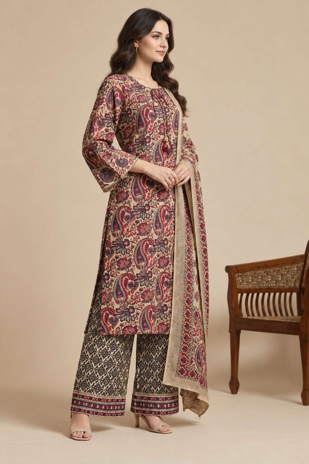 Ivory and Purple Printed Cotton Kurta Pant and Dupatta