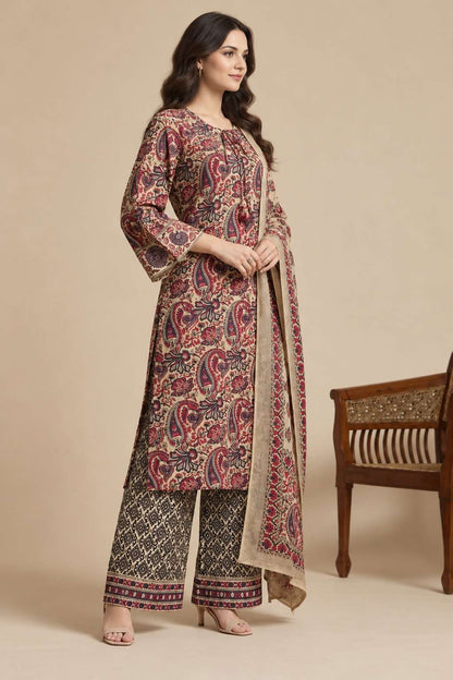 Ivory and Purple Printed Cotton Kurta Pant and Dupatta