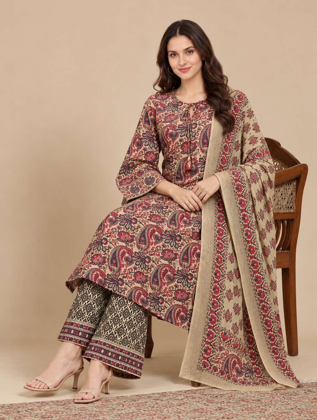 Ivory and Purple Printed Cotton Kurta Pant and Dupatta