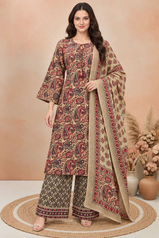 Ivory and Purple Printed Cotton Kurta Pant and Dupatta