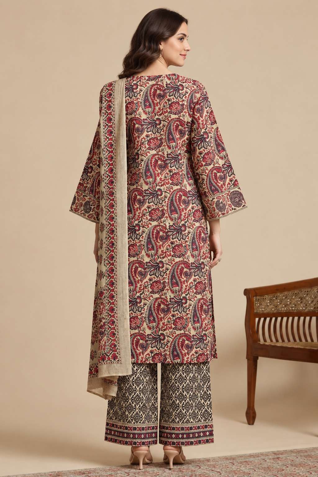 Ivory and Purple Printed Cotton Kurta Pant and Dupatta