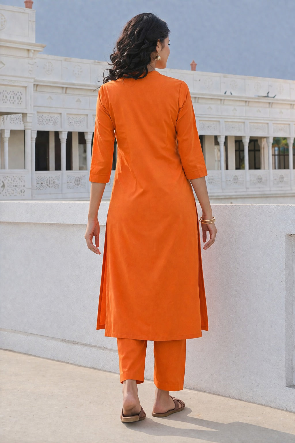 Orange linen colour block Kurta pant set