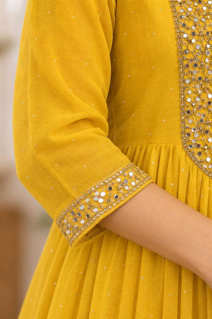 Yellow Mul Chanderi Embroidered Anarkali Kurta and  Farshi With Dupatta