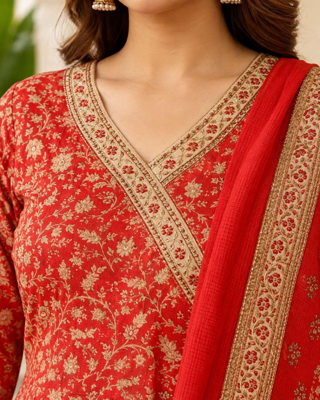 Vibrant Red Cotton Floral Handblock Sangneri Angrakha-Style Kurta Set With Dupatta