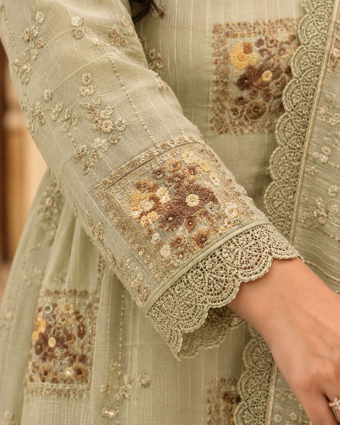 Unstitched Soft Sage Green Organza Suit With Subtle Vertical Thread Embroidery Detailing