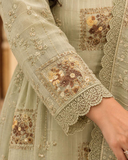 Unstitched Soft Sage Green Organza Suit With Subtle Vertical Thread Embroidery Detailing