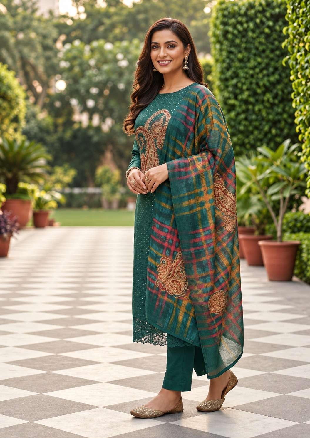 Unstitched Emerald-Teal Satin Suit Enhanced With Mirror Applique And Floral Threadwork
