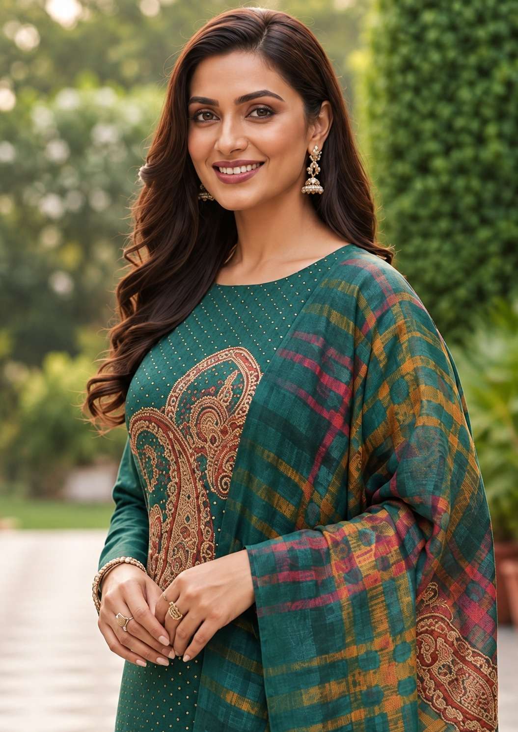 Unstitched Emerald-Teal Satin Suit Enhanced With Mirror Applique And Floral Threadwork
