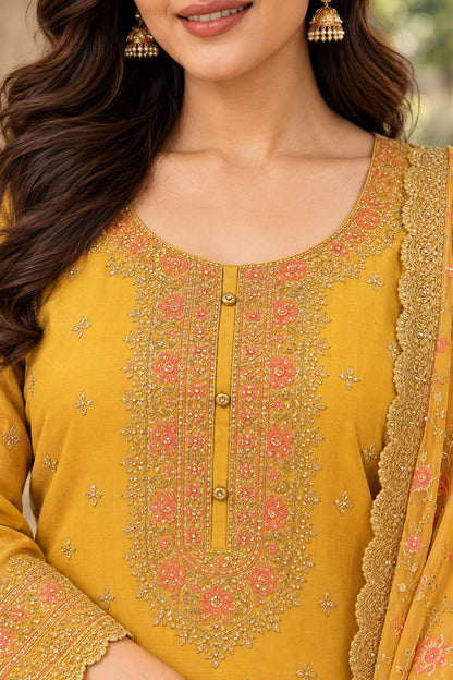 Semi-stitched Soft Chiffon-Muslin In Mustard-Gold With Delicate Sequin Floral Embroidery Suit Material