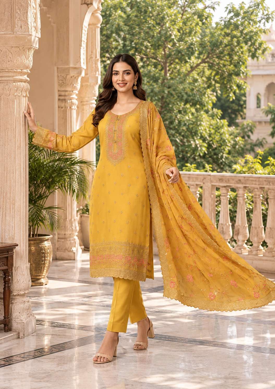 Semi-stitched Soft Chiffon-Muslin In Mustard-Gold With Delicate Sequin Floral Embroidery Suit Material
