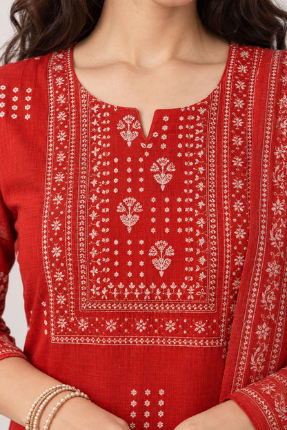 Rust Red Printed Kota Doria Kurta Pant and Dupatta