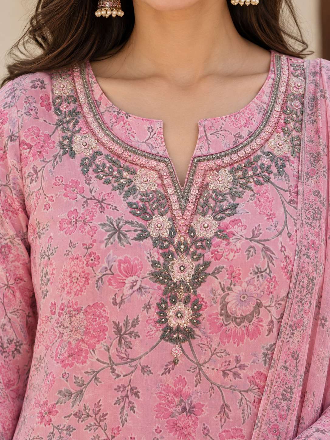Pink Floral Printed Cotton Blend Kurta And Pant With Dupatta